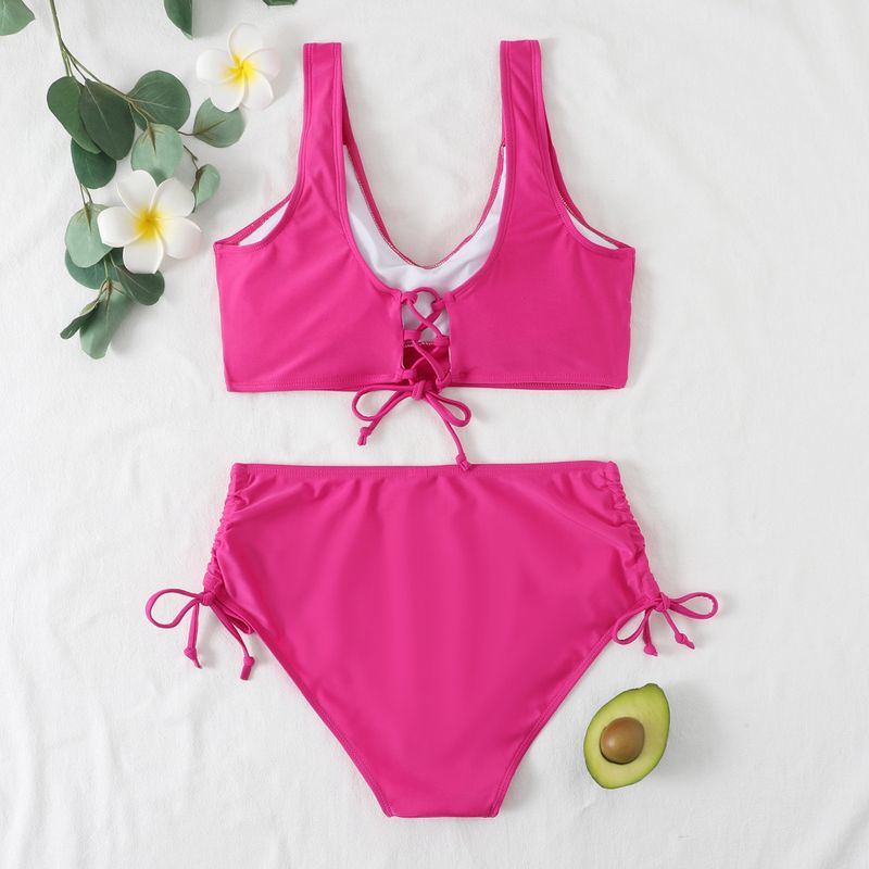 Costume da bagno da donna, bikini con spalline incrociate, tinta unita, a vita alta_voghion.com