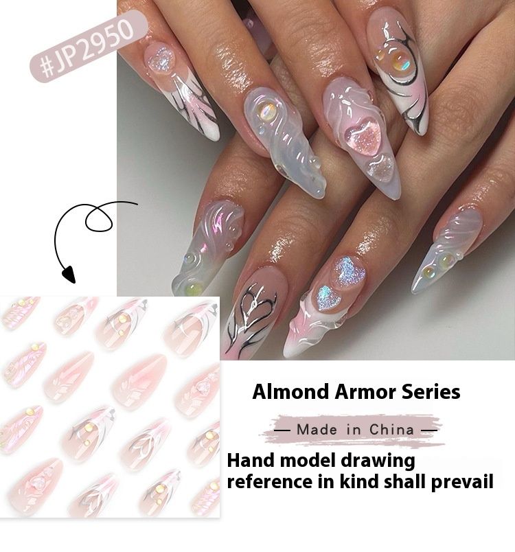 Comprimés à ongles en perles de sirène en forme d'amande, coeur de pêche français portant une armure 3D_voghion.com