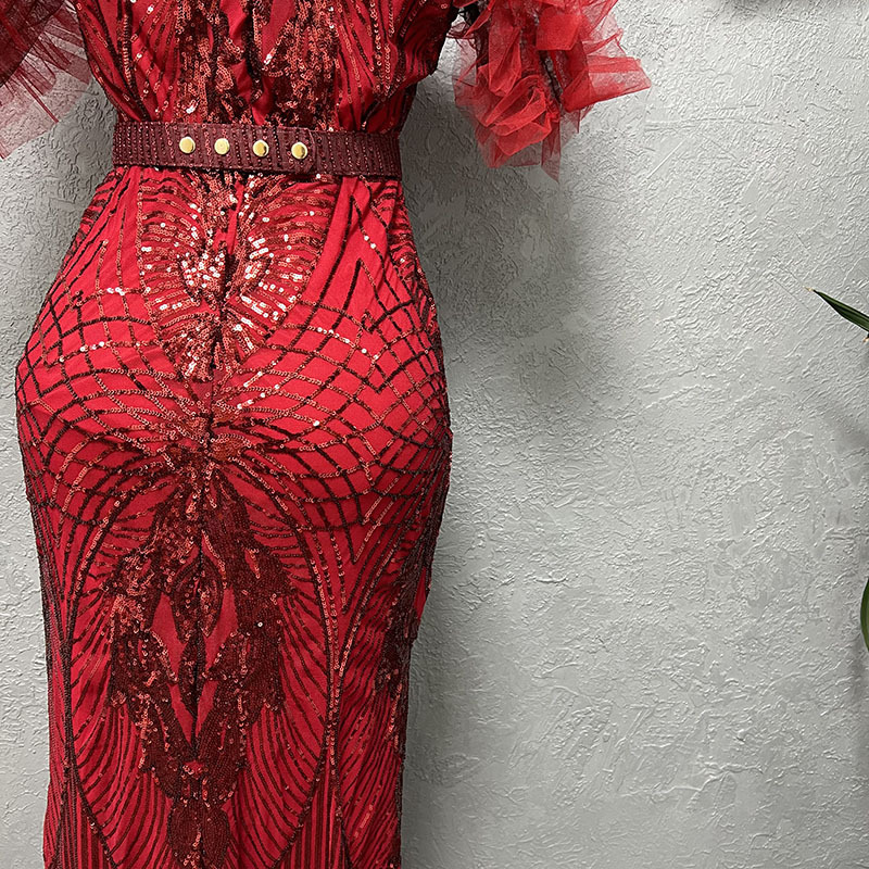 Paillettenkleid für Damen, schmal geschnittener Fischschwanz-Langrock, Bubble-Mesh-Ärmel, modische Abendgarderobe_voghion.com