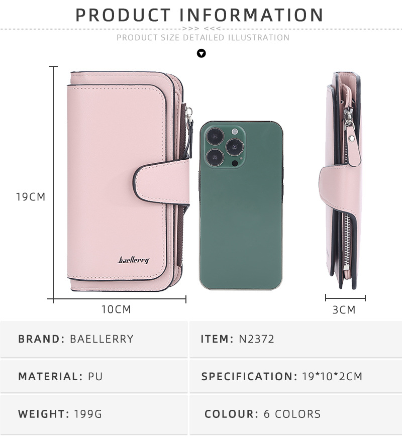 BAELLERRY New Women's Long Wallet Zip Buckle Multi Card Position Tri-fold Coin Purse Large Capacity Clutch Bag_voghion.com