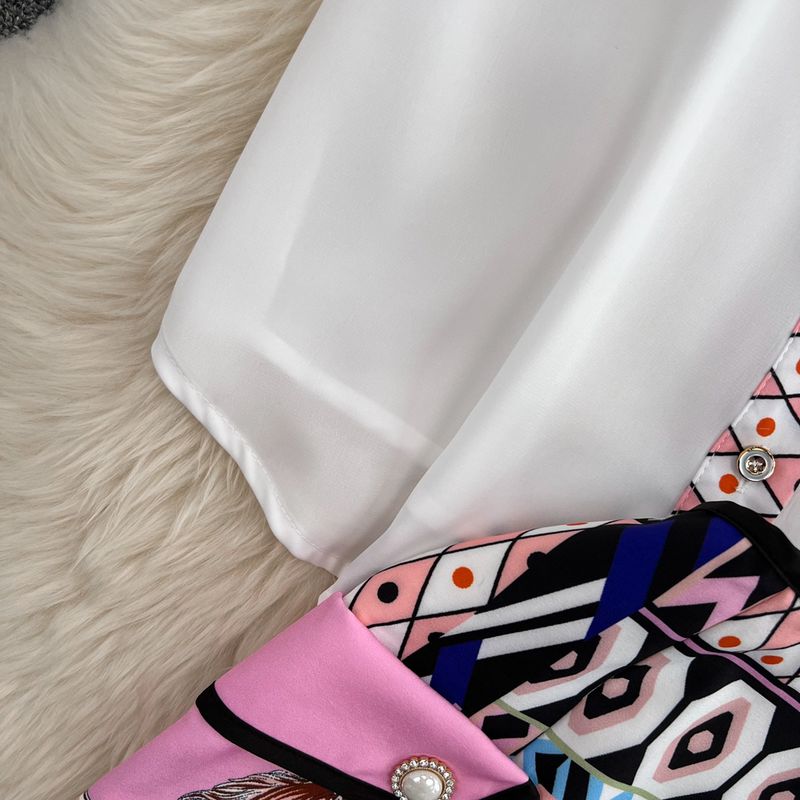 Ženska oblačila, srajca s potiskom s kratkimi rokavi, krilo z visokim pasom in žepom_voghion.com