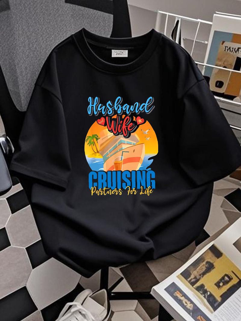 Szczęśliwy mąż i żona, partnerzy rejsowi na całe życie, koszulka męska, Streetwear, wygodne ubrania od projektantów, uniwersalna, oddychająca, rozciągliwa_voghion.com