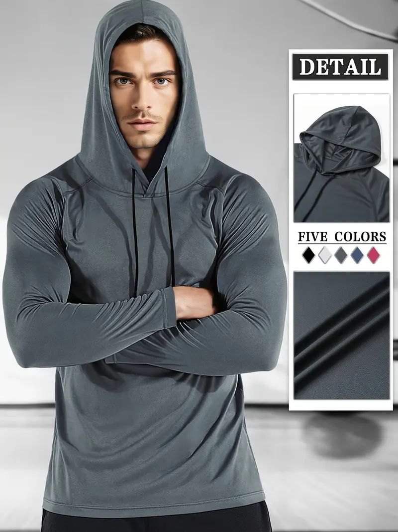 Sweat à capuche de performance pour homme - Haut de course slim évacuant l'humidité pour l'automne et l'hiver, vêtement de fitness léger à séchage rapide avec capuche réglable_voghion.com