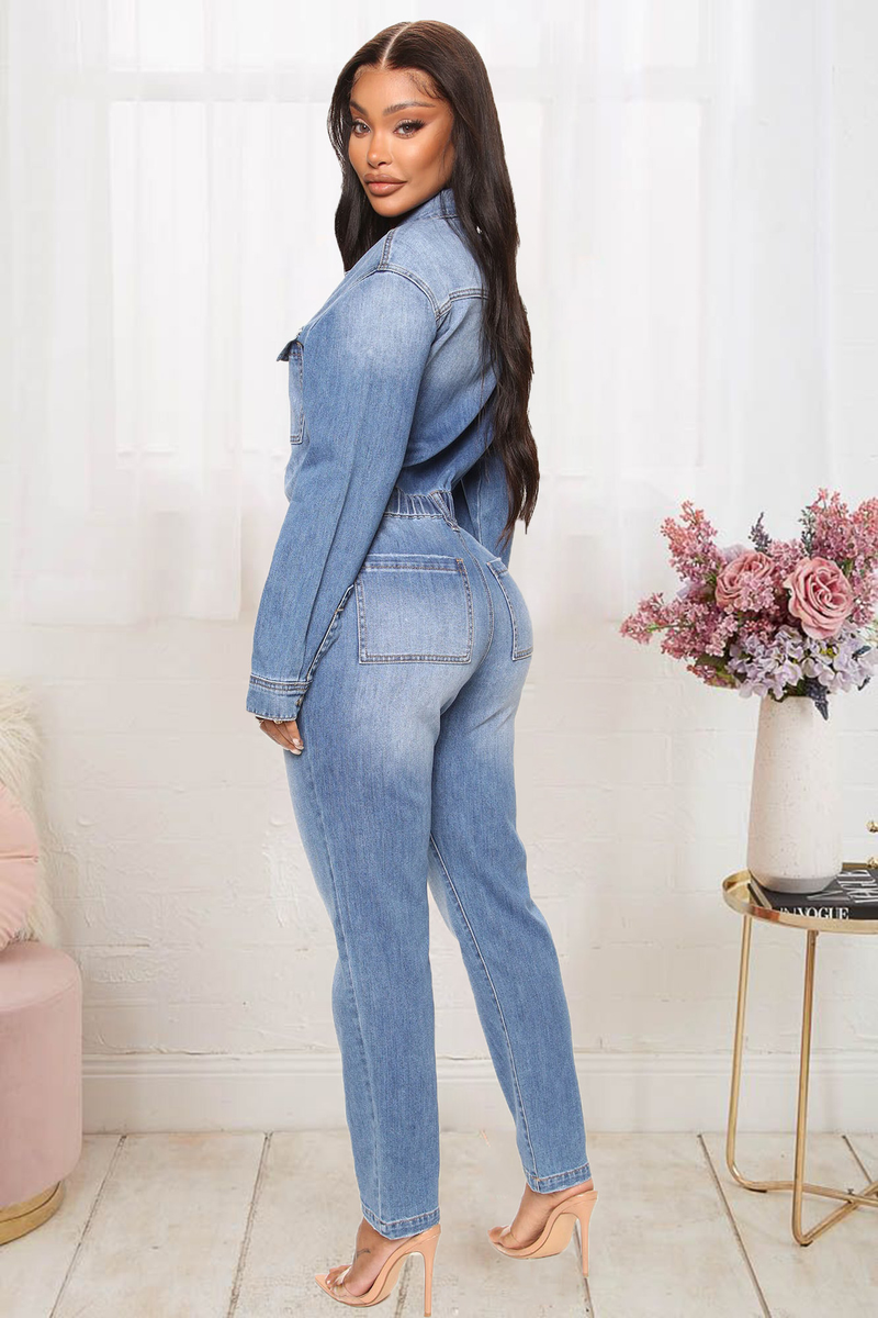 Women's Clothing Denim Slim Waisted Washed Long-sleeved Jumpsuit_voghion.com