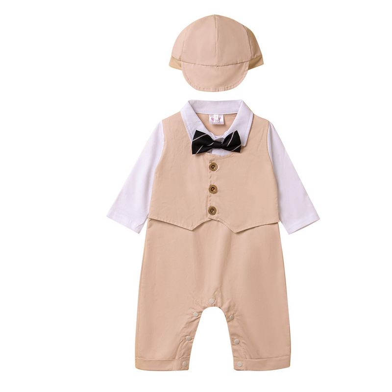 SAMGAMI BABY Ensemble trois pièces pour garçon, version coréenne, barboteuse à manches courtes, gilet et chapeau, blanc, nœud papillon, bretelles_voghion.com