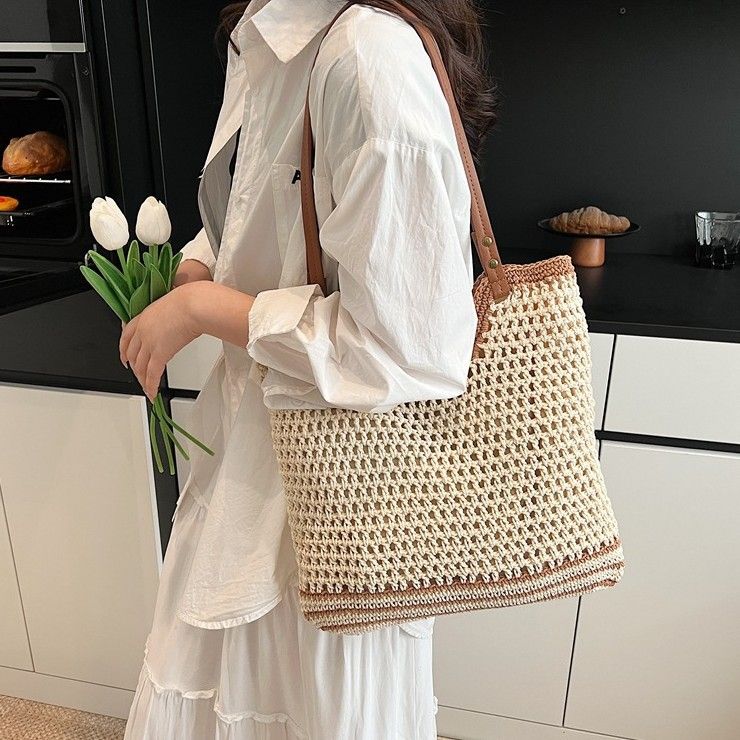 Borsa da spiaggia grande capacità, in paglia intrecciata, per le donne, modello Fresh Vacation Crochet, 2025_voghion.com