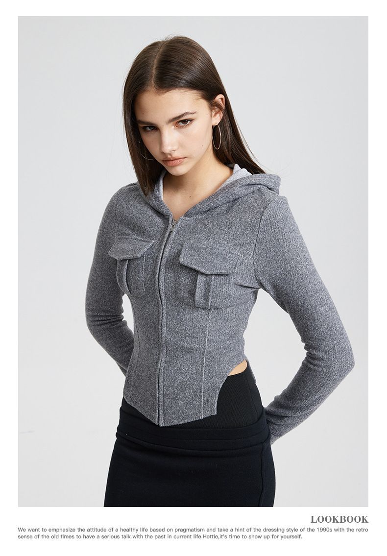 Abbigliamento da donna Felpa con cappuccio e zip da donna - Top corto a maniche lunghe con vestibilità attillata e dettaglio tasca_voghion.com