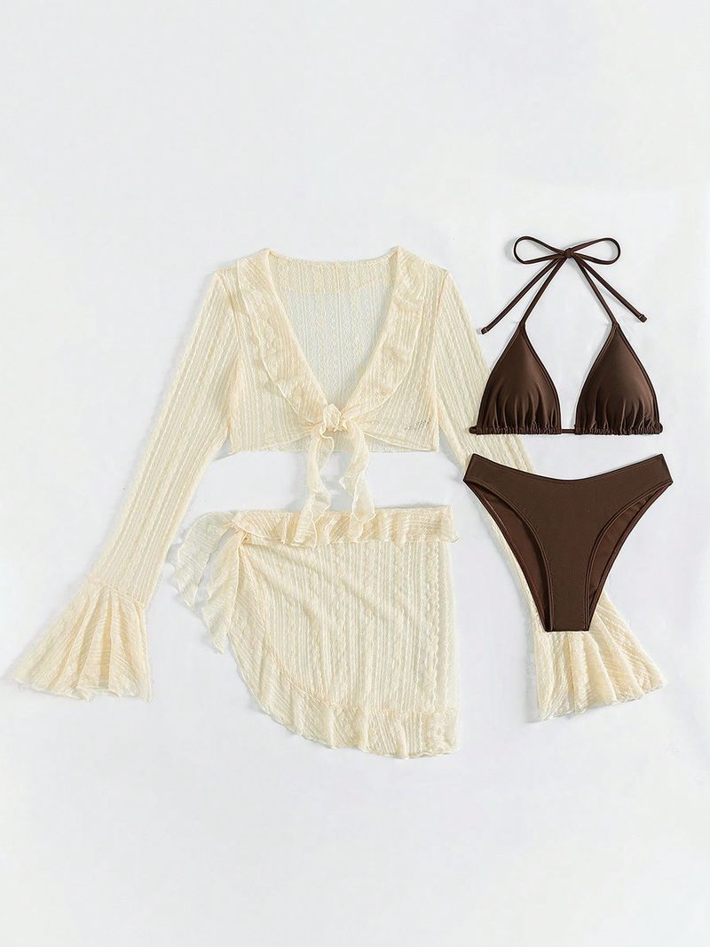 Costume da bagno da spiaggia, bikini, copricostume a maniche lunghe in rete da donna, set da quattro pezzi da donna_voghion.com