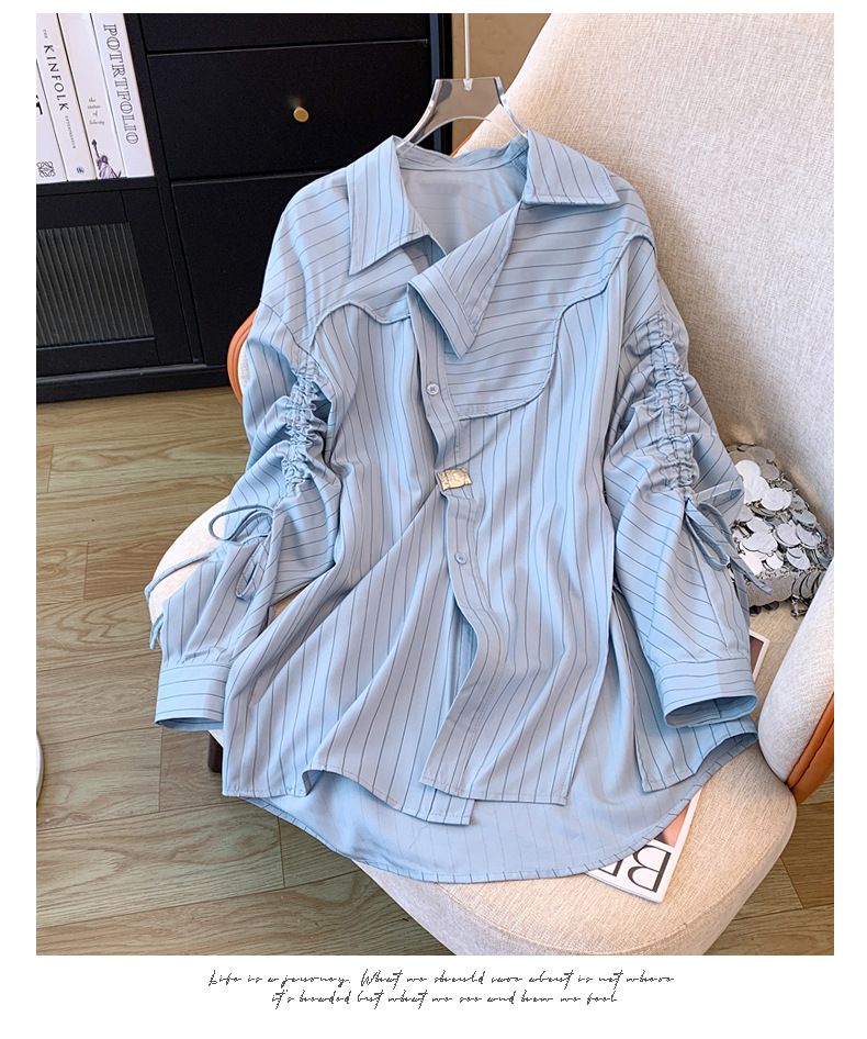 Women's Clothing Striped Drawstring Shirt Design Niche Lazy Style Loose Beautiful Long Sleeved Shirt_voghion.com