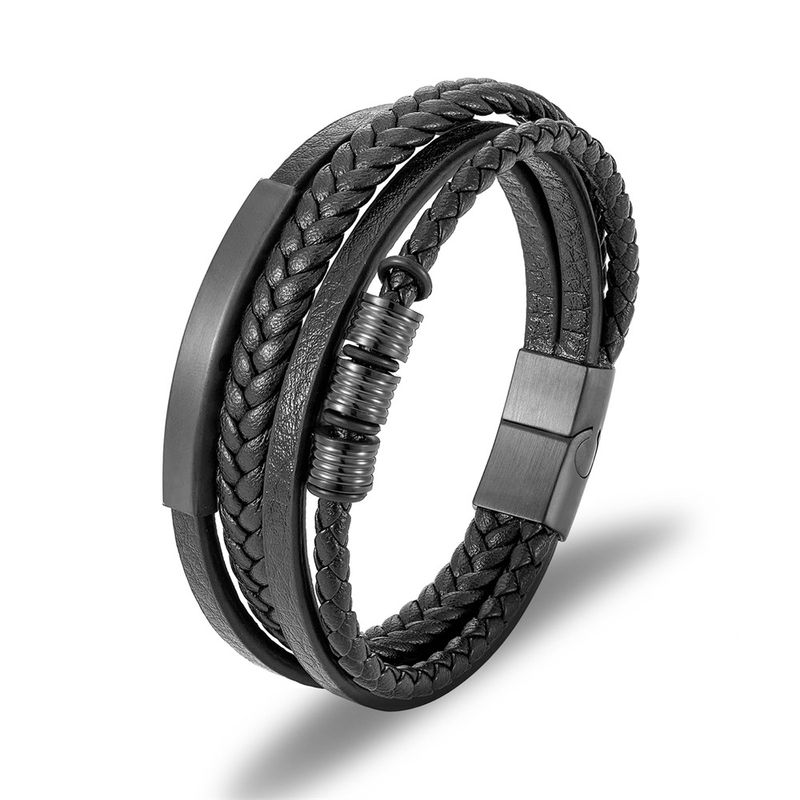 simple stainless steel leather rope bracelet popular multi layer black leather braided men's bracelet_voghion.com