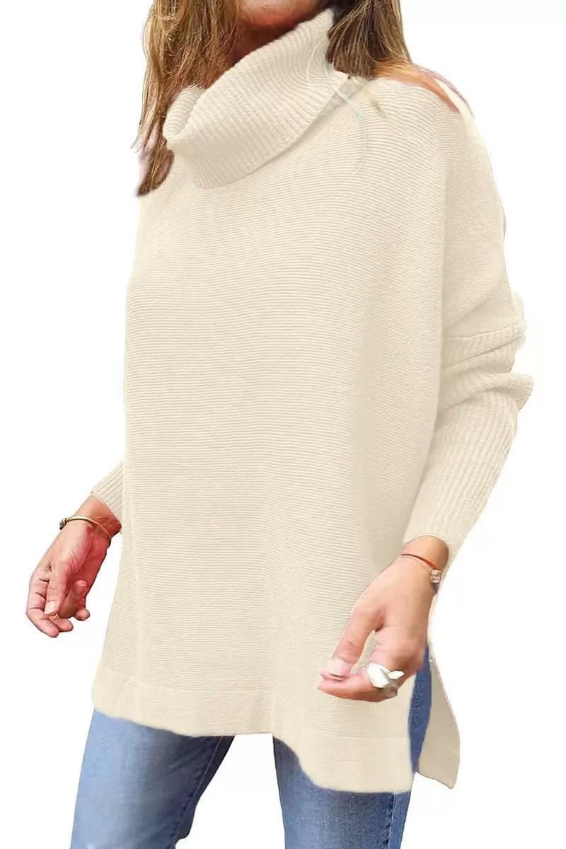 Dametrøje med høj hals, oversized pasform, mellemlang pullover med flagermusærmer, slidskant og bælte_voghion.com