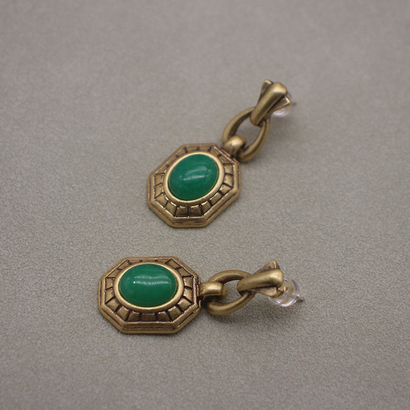 Boucles d'oreilles femme bijoux anciens réplique palais italien niche boucles d'oreilles pierre verte bijoux plaqués or ancien_voghion.com