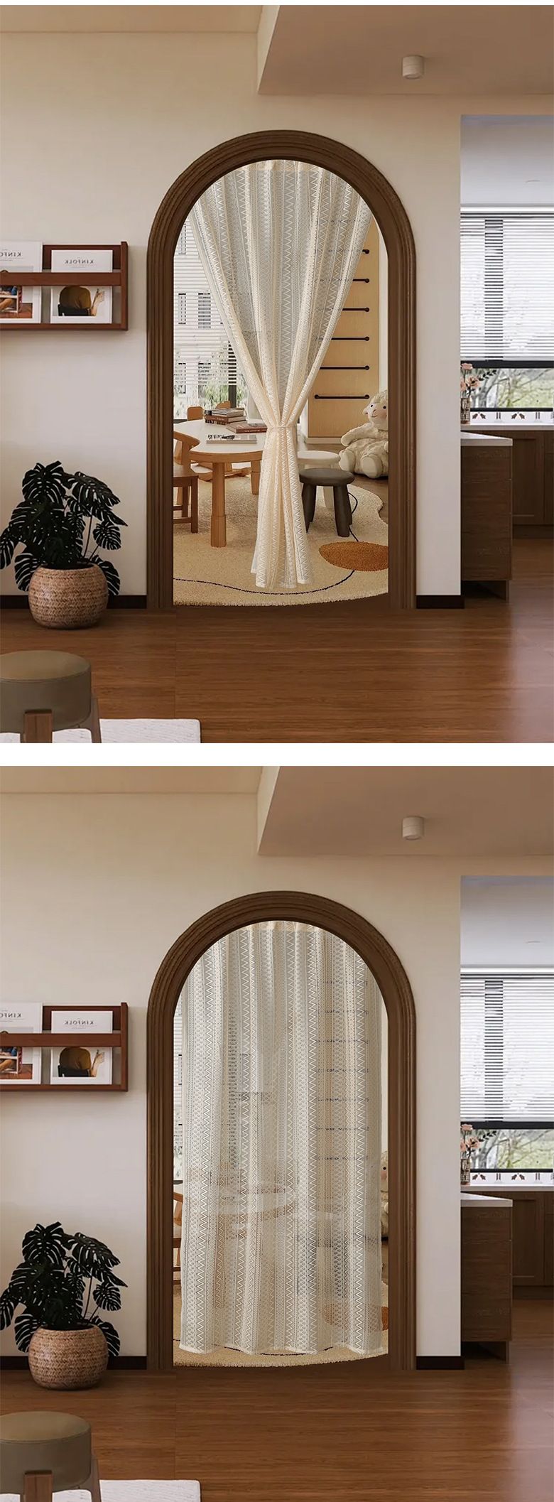 Tenda per porta geometrica bohémien - Pannello in tessuto di poliestere intrecciato con tasca per asta, motivi vintage a onde e strisce per soggiorno e camera da letto_voghion.com
