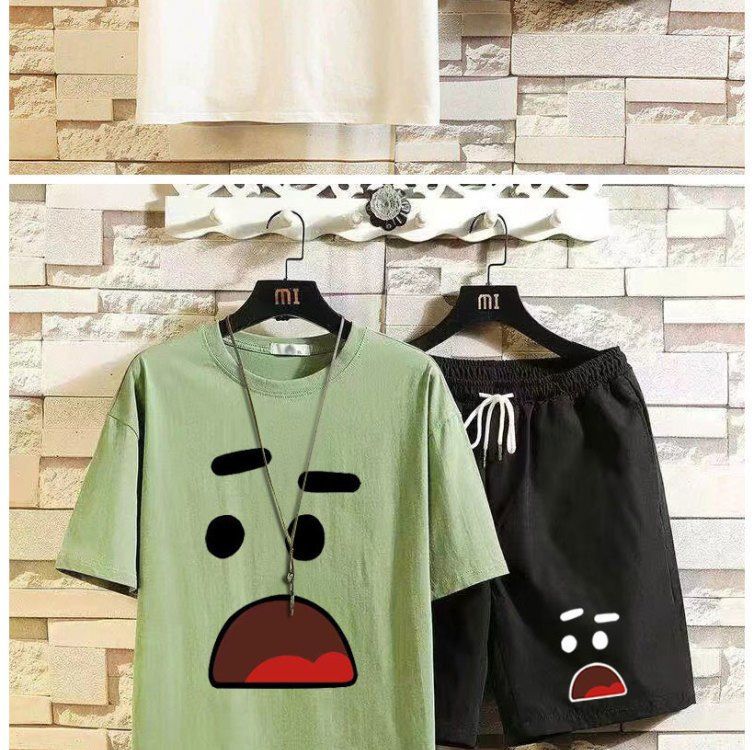 Top/set with quirky printed sleeves, men's T-shirt, summer casual sports five quarter shorts, set of 12_voghion.com