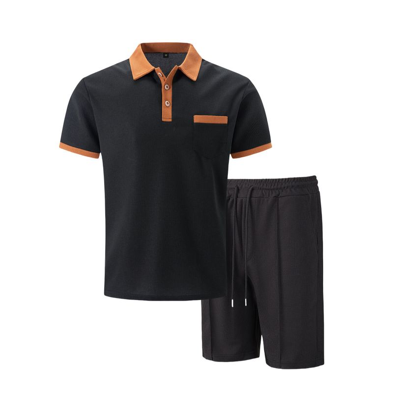 Men's Waffle-Knit Short Sleeve Suit - Lapel Collar & Chest Pocket Button-Up Shirt With Matching Shorts_voghion.com