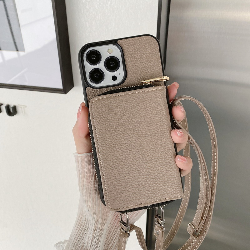 Mobile phone case zipper card holder diagonally applicable to Apple 14 mobile phone case Apple 13 promax litchi pattern protective cover 12 women_voghion.com