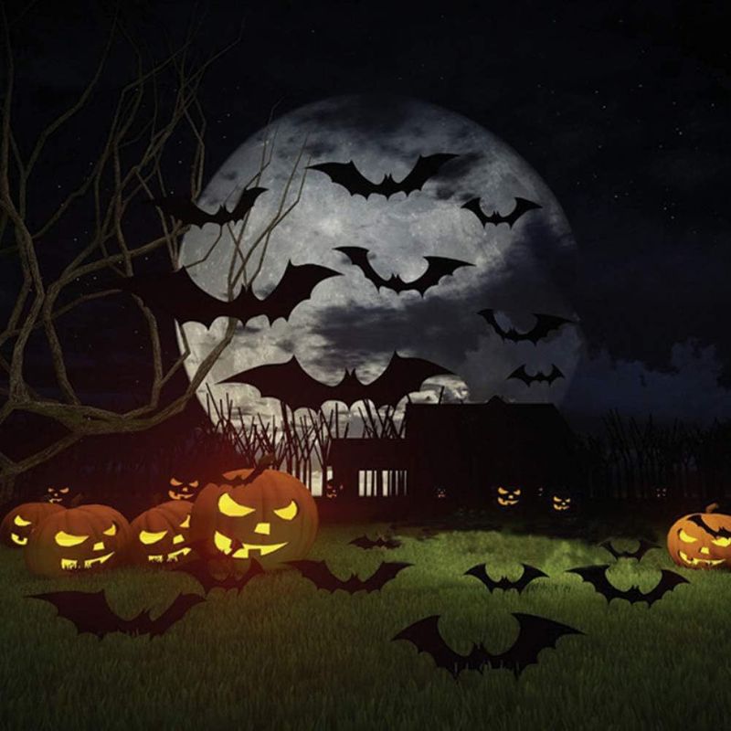 Halloween fladdermus 12 i ett paket 3D svart tredimensionell fladdermus klistermärke Halloween Halloween väggdekal tredimensionell spindel_voghion.com