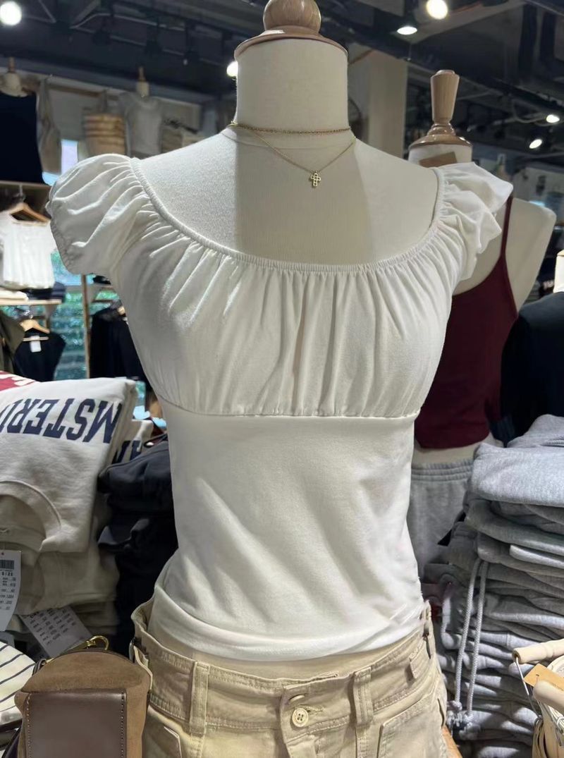hot selling Sweet White Folds Slim Tees Haruku Cute Scoop Neck Soft Cotton Puff Sleeve T-shirts Vintage Solid Summer Balletcore Tops_voghion.com