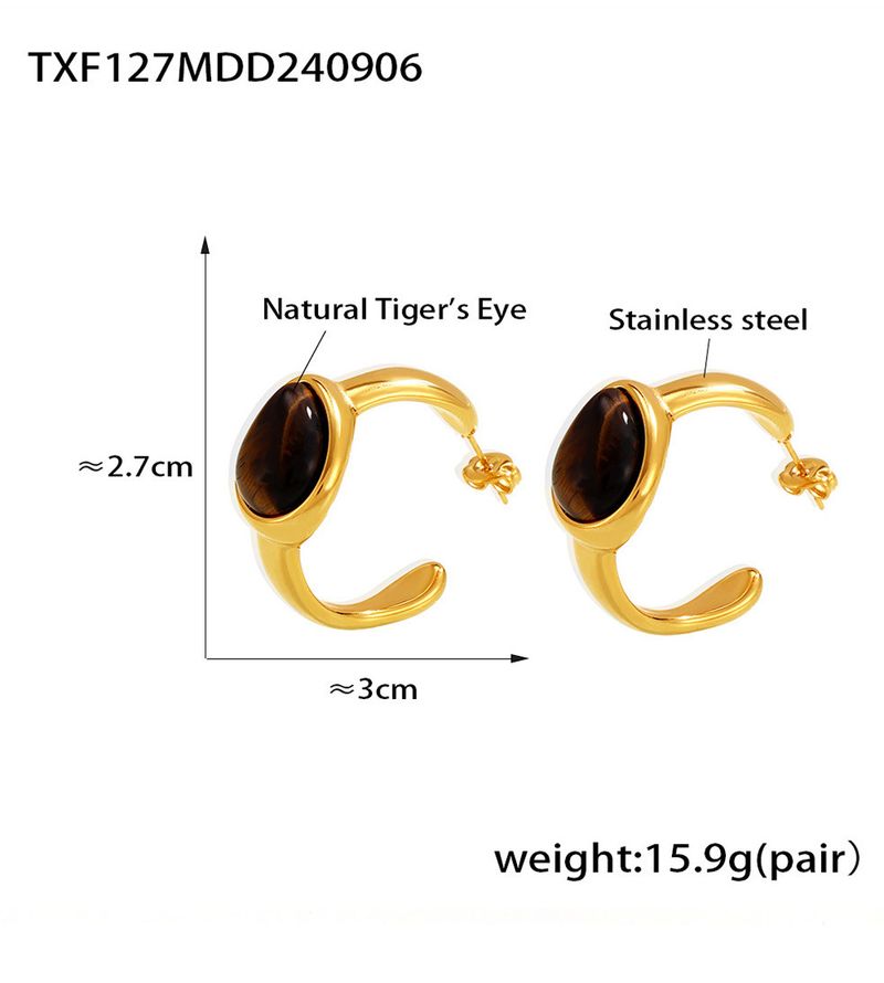 Vintage natural tiger's eye stone C-shaped earrings open ring women's set_voghion.com