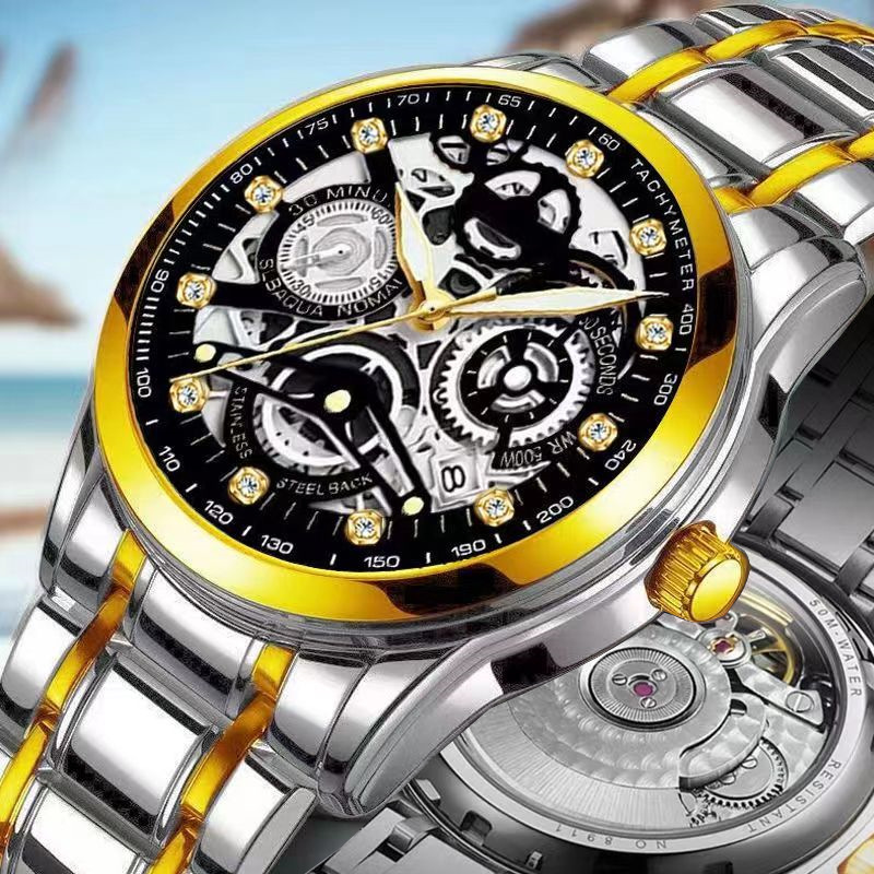 Hohle automatische nichtmechanische Quarzuhr, transparente, niedrige Tourbillon-Herren-Wasserdichte Armbanduhr_voghion.com