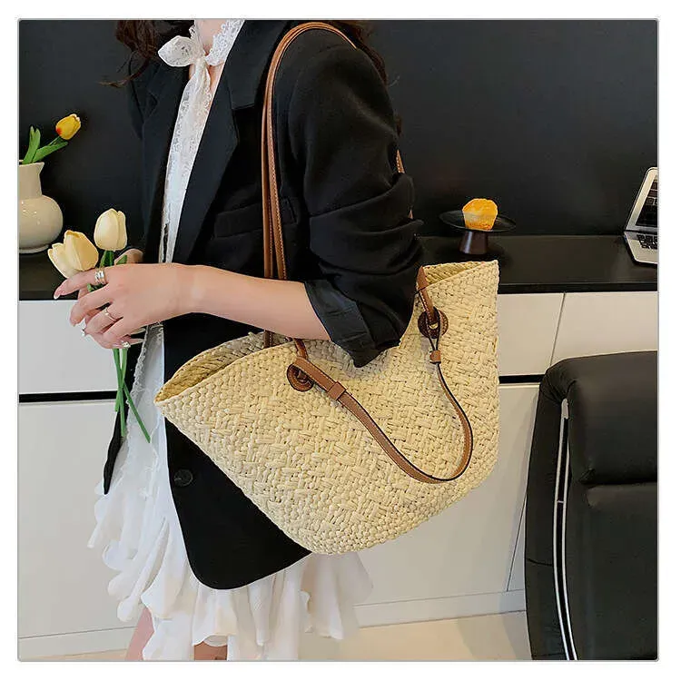 Stroh-Umhängetasche für Damen, Sommer, Strand, Urlaub, gewebt, großes Fassungsvermögen_voghion.com