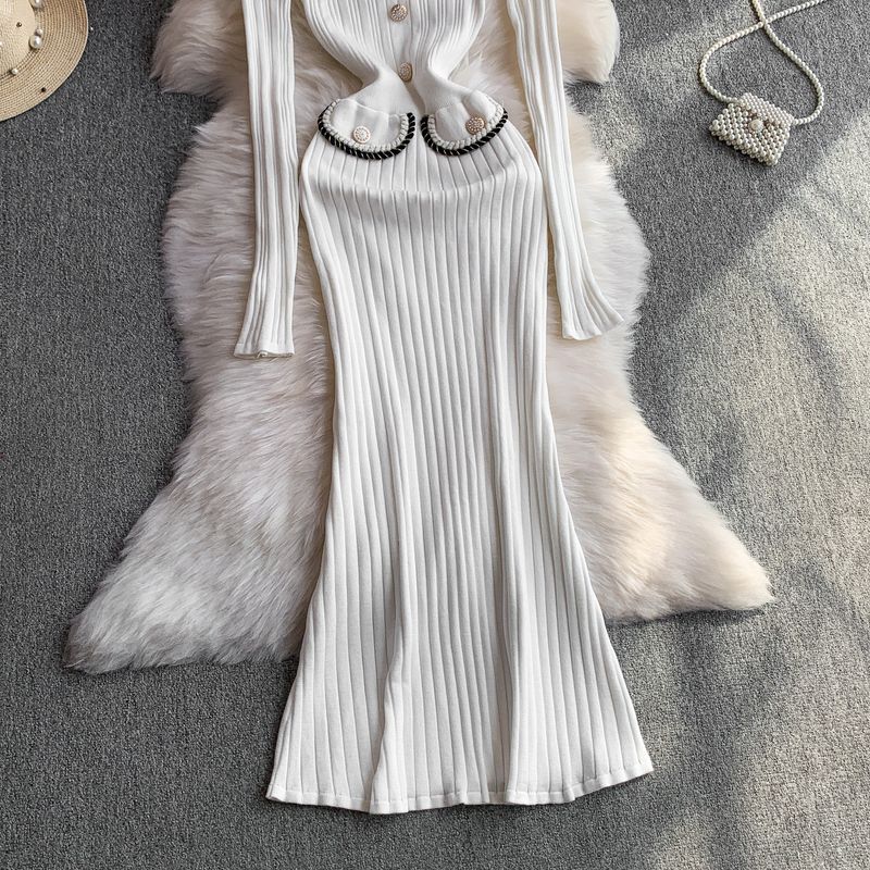 Elegant Knit Fishtail Dress – Doll Collar, Elastic Waist, Long Sleeve (Black/Brown/White/Camel/Yellow, One Size Fits Most)_voghion.com