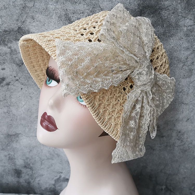 Cappello da pescatore in paglia con fiocco in pizzo estivo, cappello da sole per bambini_voghion.com