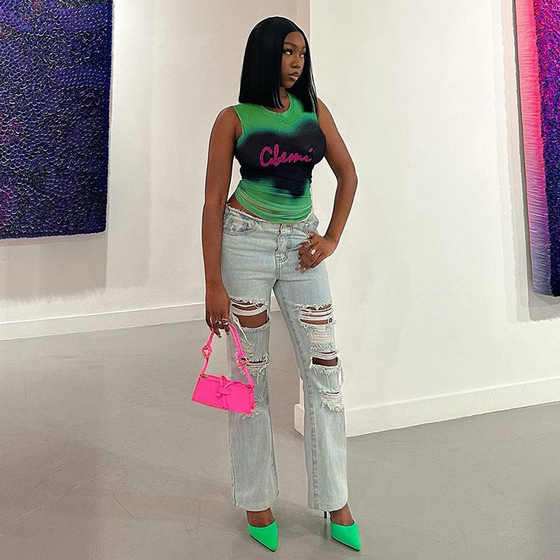 Q23TP185 Maglietta senza maniche con stampa tie-dye, a maniche corte, da donna, estate 2025, nuova moda_voghion.com