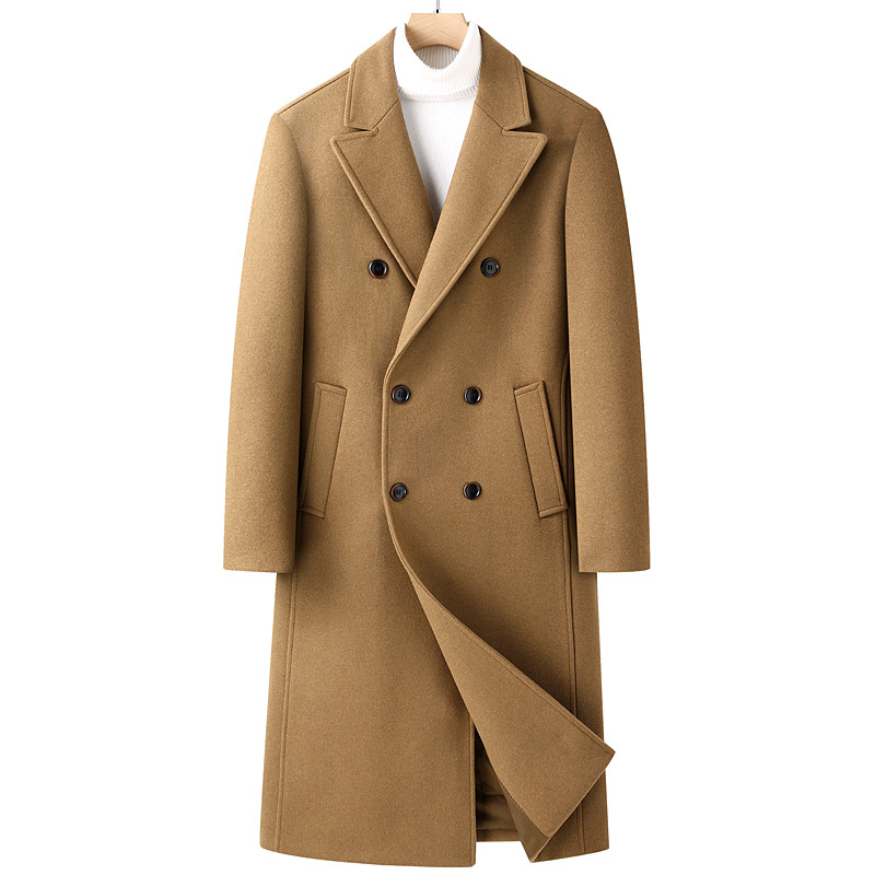 Otoño Invierno nuevo abrigo de lana para hombres rompevientos botón de doble botonadura sección larga sobre la rodilla abrigo para hombres_voghion.com