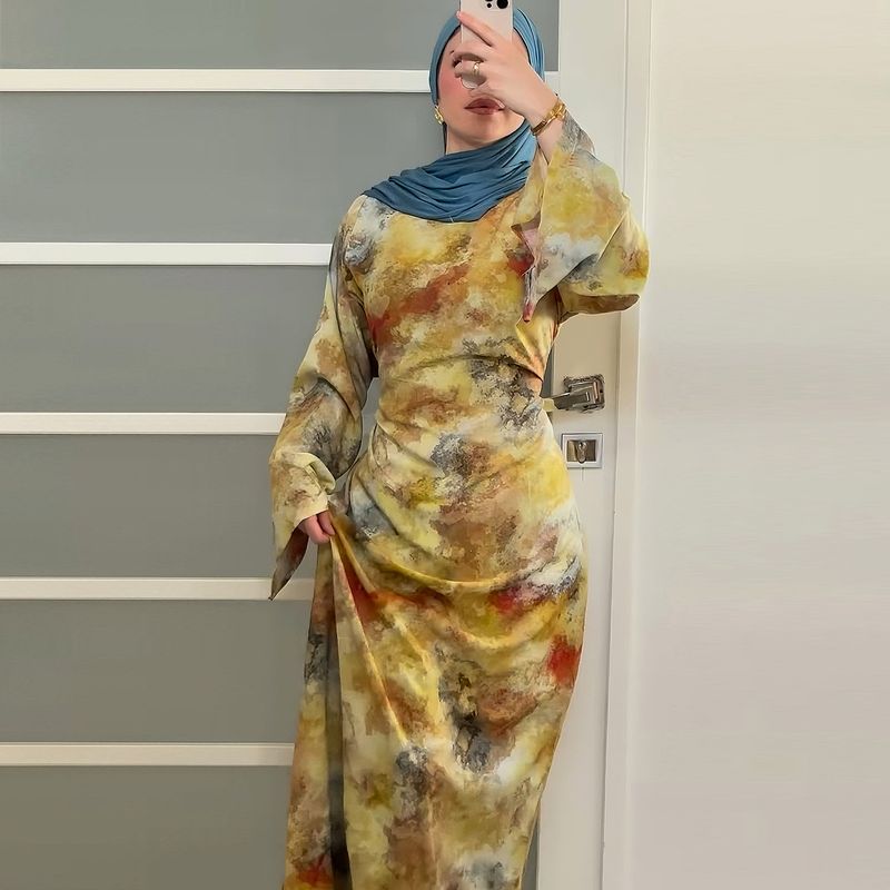 Damenbekleidung Damenkleid mit Blumendruck – Elegantes Langarm-Midikleid mit Fliege, Büro- und Freizeitkleidung (Grün, Gelb, S/M/L/XL)_voghion.com