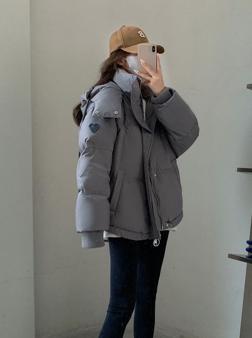 K Gray Heart Kurze Daunenjacke für Damen; Koreanische Version; Studentengröße; Brotmantel für Paare._voghion.com