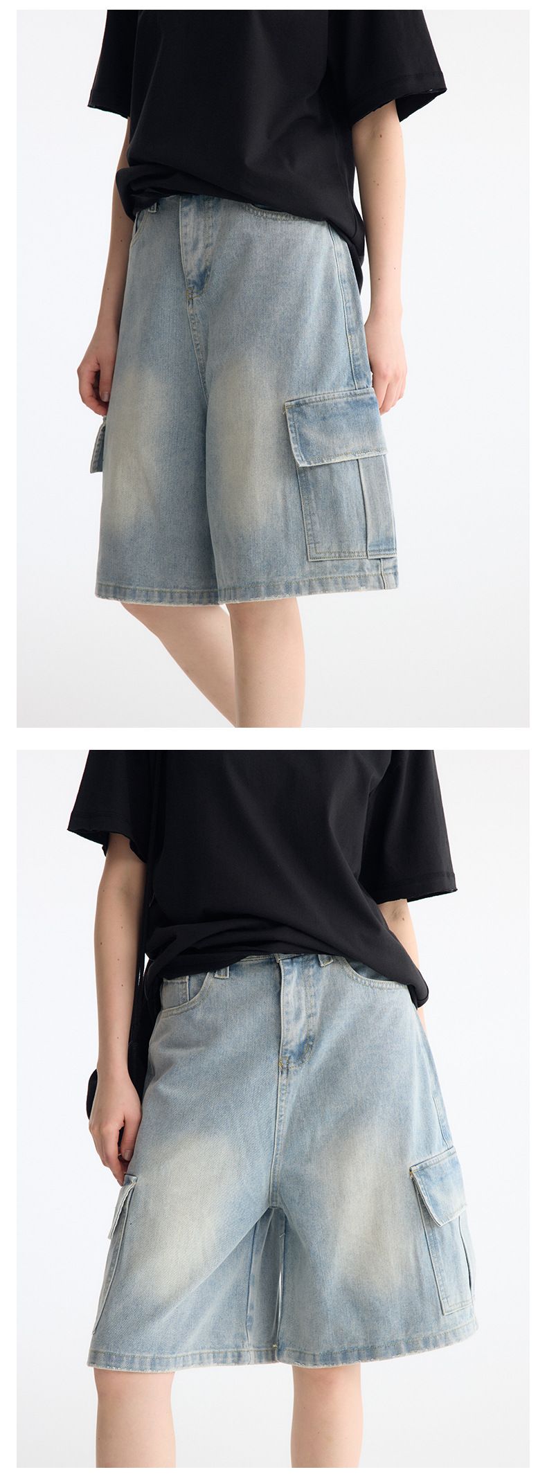 Herrenbekleidung, verwaschene hellblaue Denim-Hose mit großen Taschen, mittellang, lockere, schmale, verkürzte Hose mit weitem Bein_voghion.com