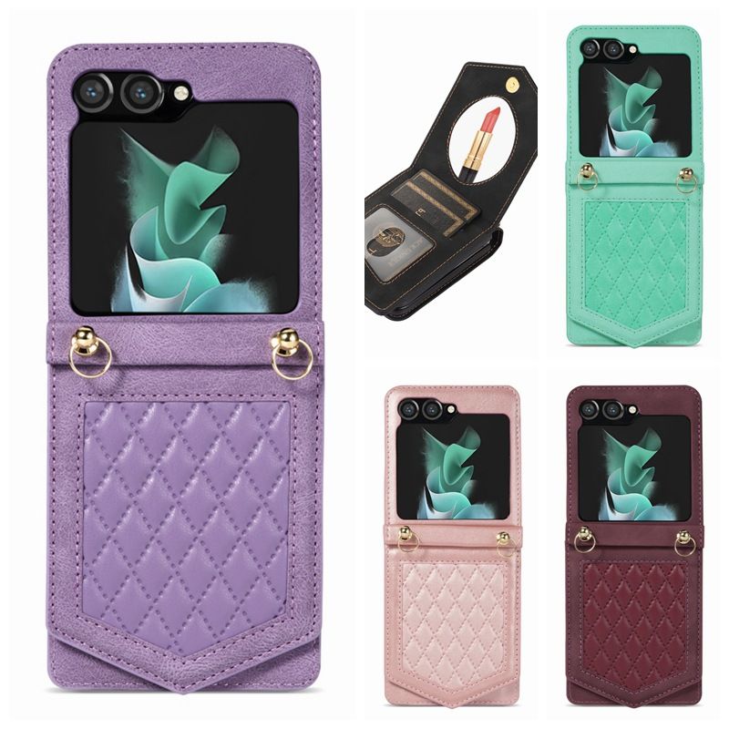 Suitable For Samsung Z Flip5 Small Fragrant Mirror Folding Screen Phone Leather Zip43 Flip Cover Hanging Rope Protection_voghion.com