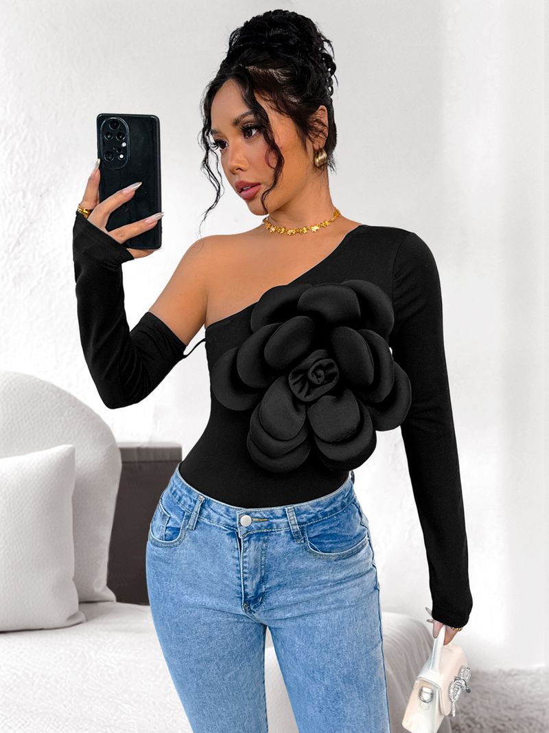 2025 New Elegant And Sexy Three-dimensional Decorative One-shoulder Off-the-shoulder Solid-color Tights_voghion.com