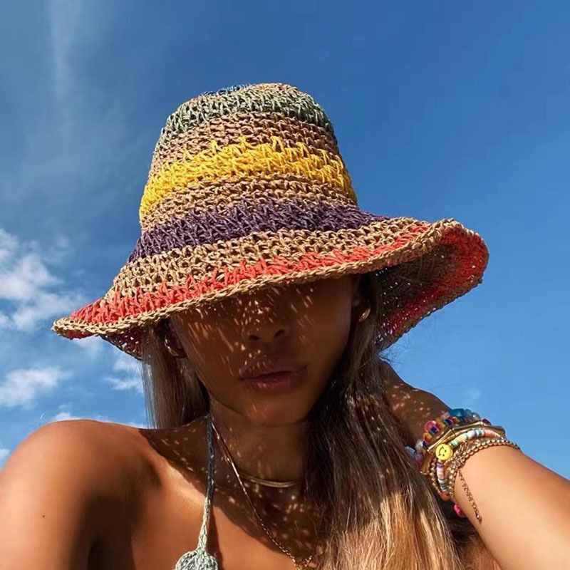 Sraw da donna pieghevole bohemien spiaggia arcobaleno colorato pescatore He Sun, che mostra un piccolo viso coprente, alla moda Po_voghion.com