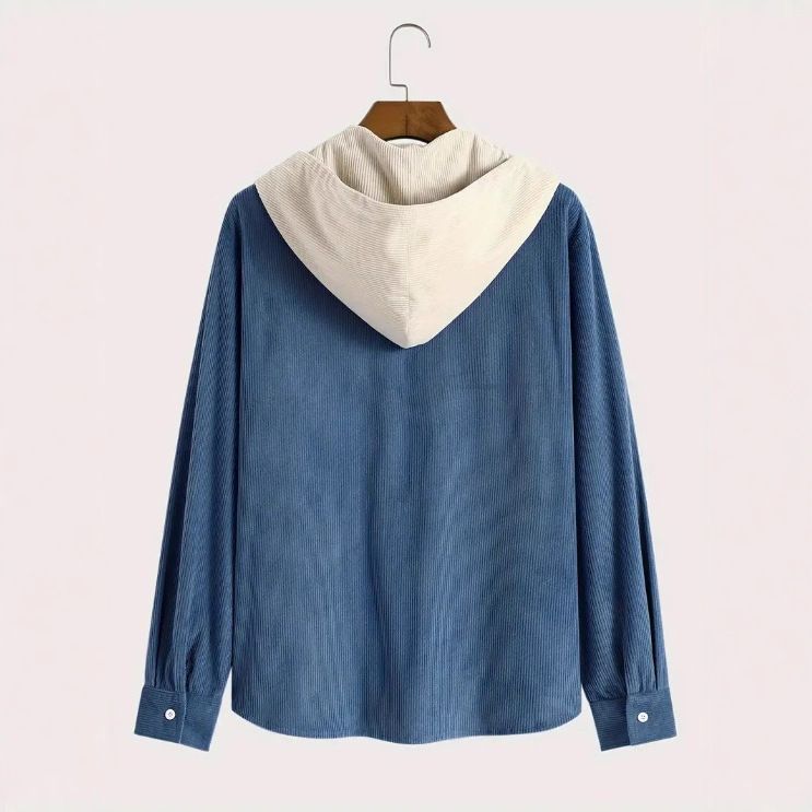 Herren-Cordhemdjacke zum Knöpfen – Kontraststreifen, Kapuze, lange Ärmel (Schwarz/Armeegrün/Meerblau, M-XXXL)_voghion.com