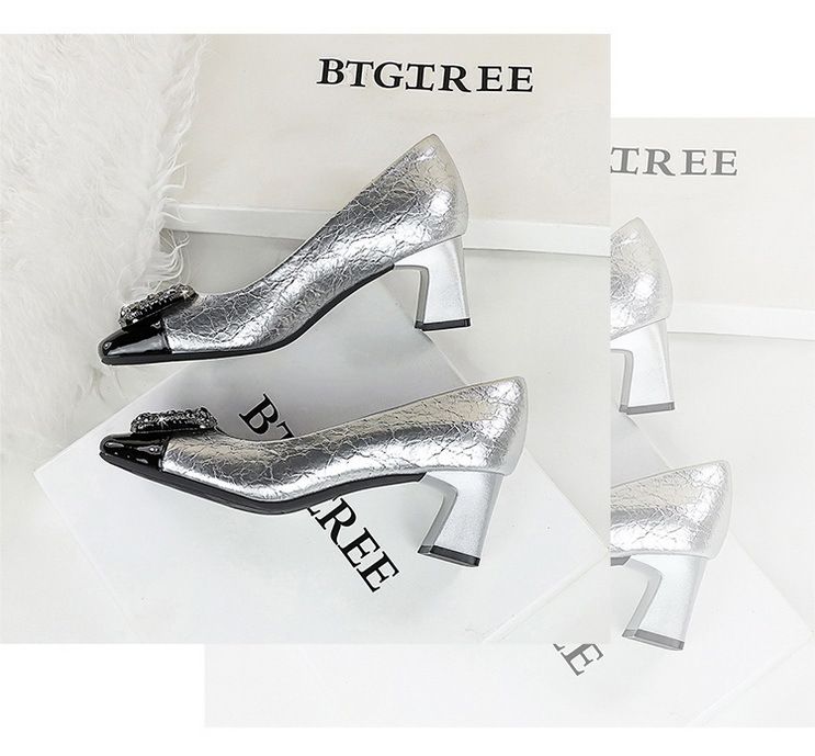 5299-K83 Fashion Party Coarse Women's Color Blocked Square Head Light Mouth Shining Metal Buckle High Heel Single Shoes_voghion.com