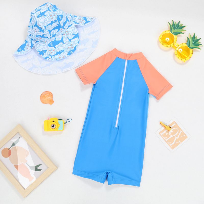 Moeder & Kinderen Kinderbadpak Jongensbadpak Eendelig Lange Mouwen Shorts Zonnehoed Zonnebescherming Kleine Opstaande Kraag Rits Oceaan Print_voghion.com