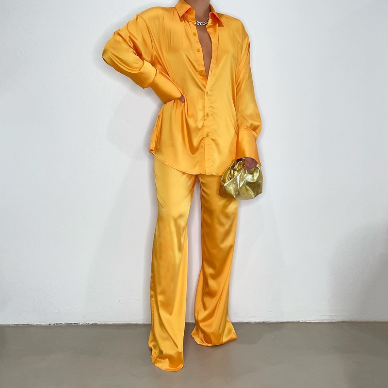 Women's Clothing Autumn Fashion Multicolor Satin Loose Casual Shirt Suit_voghion.com