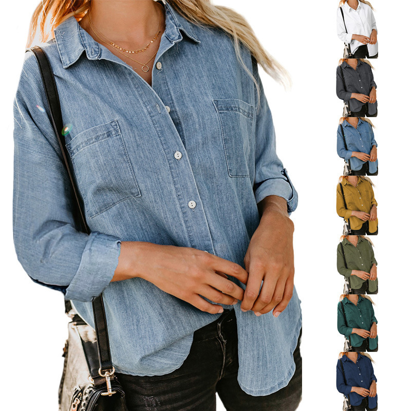 Camicia in denim da donna, camicia da cappotto casual all-match a maniche lunghe con doppia tasca ampia_voghion.com