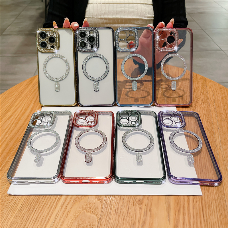 Luxus Transparent Glitter Wireless Charging Für Magsafe Fall Für iPhone 14 13 12 11 Pro Max Plus Plating Stoßstange Abdeckung fälle_voghion.com