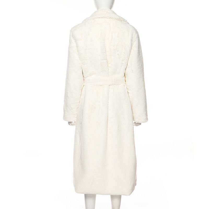 Luxury Faux Fur Coat For Women - Long Winter Trench With Notched Lapel & Plush Rabbit Fur Collar (Ivory/Beige)_voghion.com