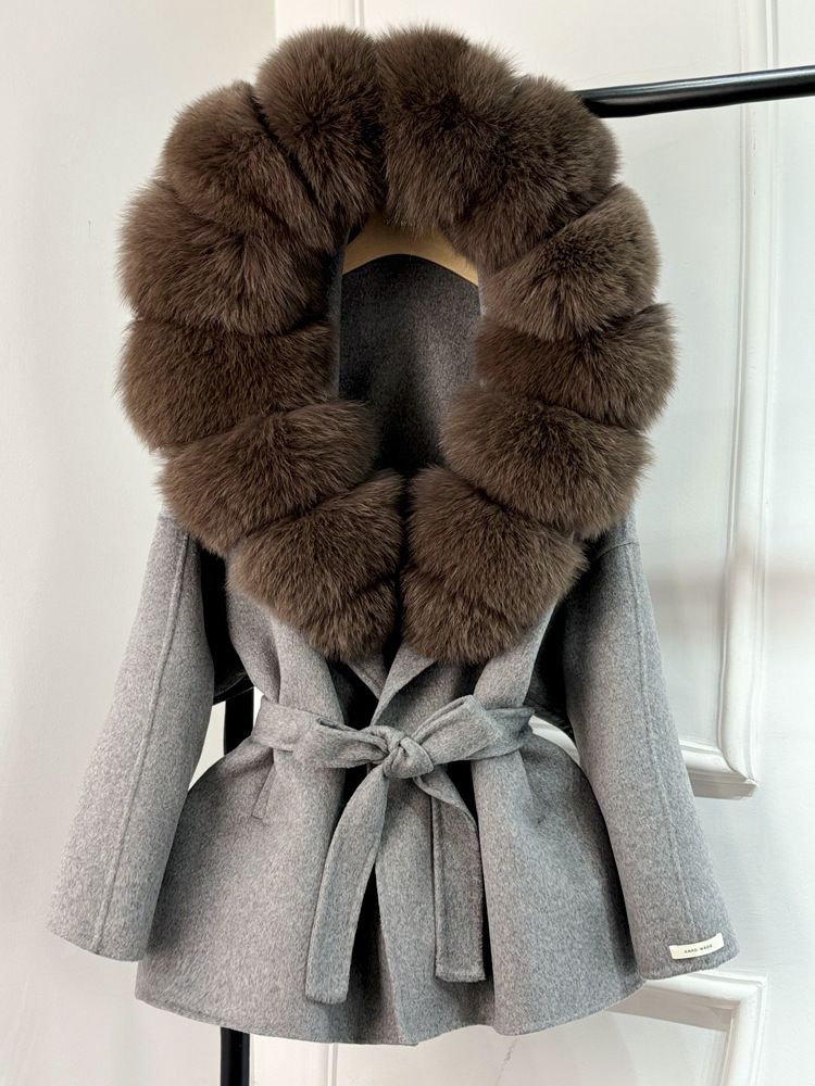 New Arrival Double-Faced Cashmere Coat With Fox Fur Hood Long Wool Blend Trench Coat For Women, Geometric Print, Belted Waist, Grey/Black/Camel_voghion.com