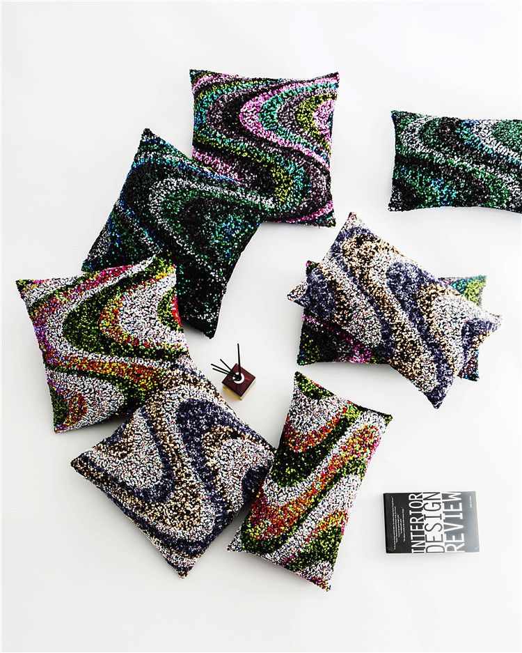 American-style High-density Color Large Wave Embroidered Sequin Pillow Nordic Model Room Color Sequin Sofa Cushion_voghion.com
