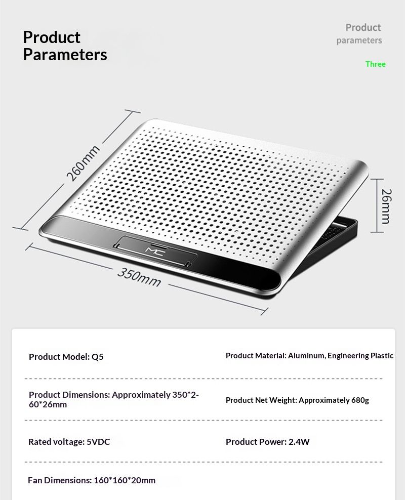 NeoGear NeoGear Computer Radiatore in alluminio Supporto in lega di raffreddamento per laptop Semiconduttore Nuo Xi Q5 Base Ventola silenziosa Argento Nero_voghion.com
