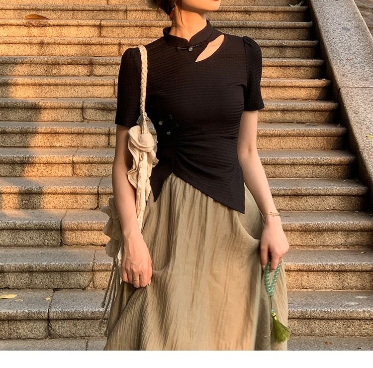 High end niche design, new temperament, Chinese style short sleeved T-shirt, women's 2024 summer slimming top trend_voghion.com