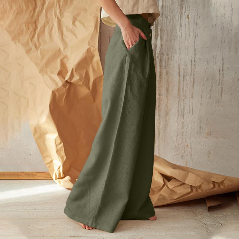 Pantaloni a gamba larga in cotone e lino con bottoni casual a vita alta tinta unita da donna_voghion.com