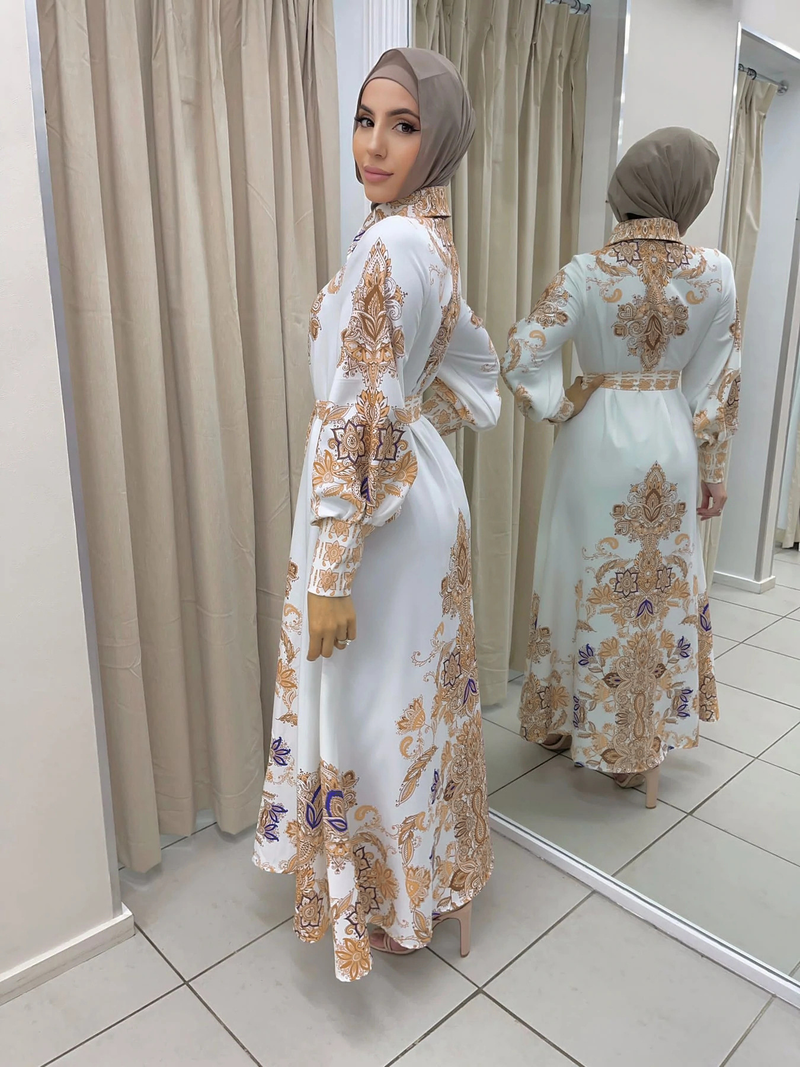 Abito da donna con stampa araba e altalena_voghion.com