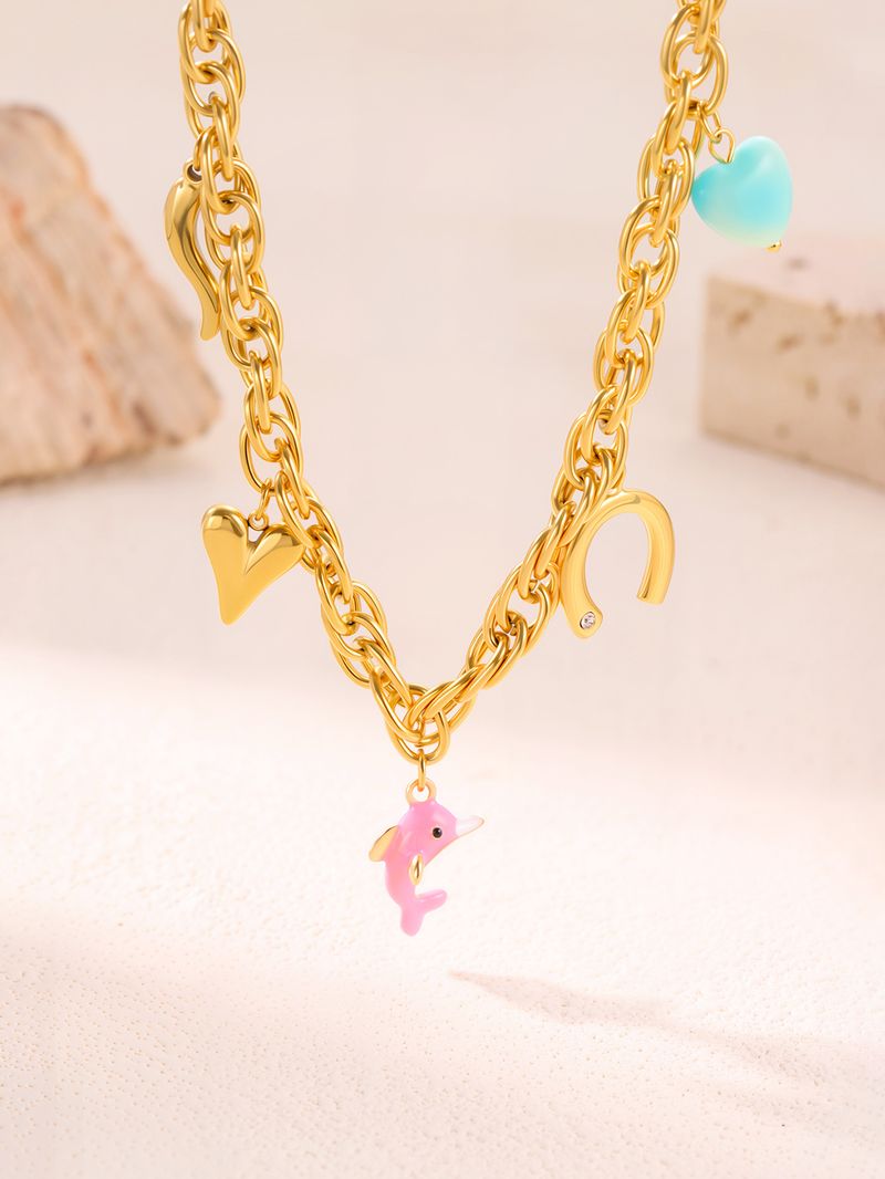 Collana da donna con ciondolo dorato, collana in acciaio al titanio, moda, dopamina per donna, stile oceano, cuore, delfino, collana con ciondolo resistente allo sbiadimento_voghion.com