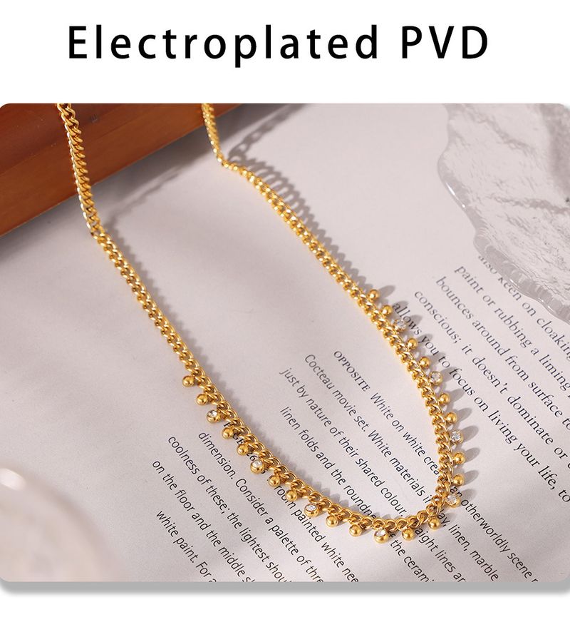 Titanium Steel Small Round Bead Inlaid Rhinestone Interval Pendant Tassel Necklace Bracelet Set_voghion.com